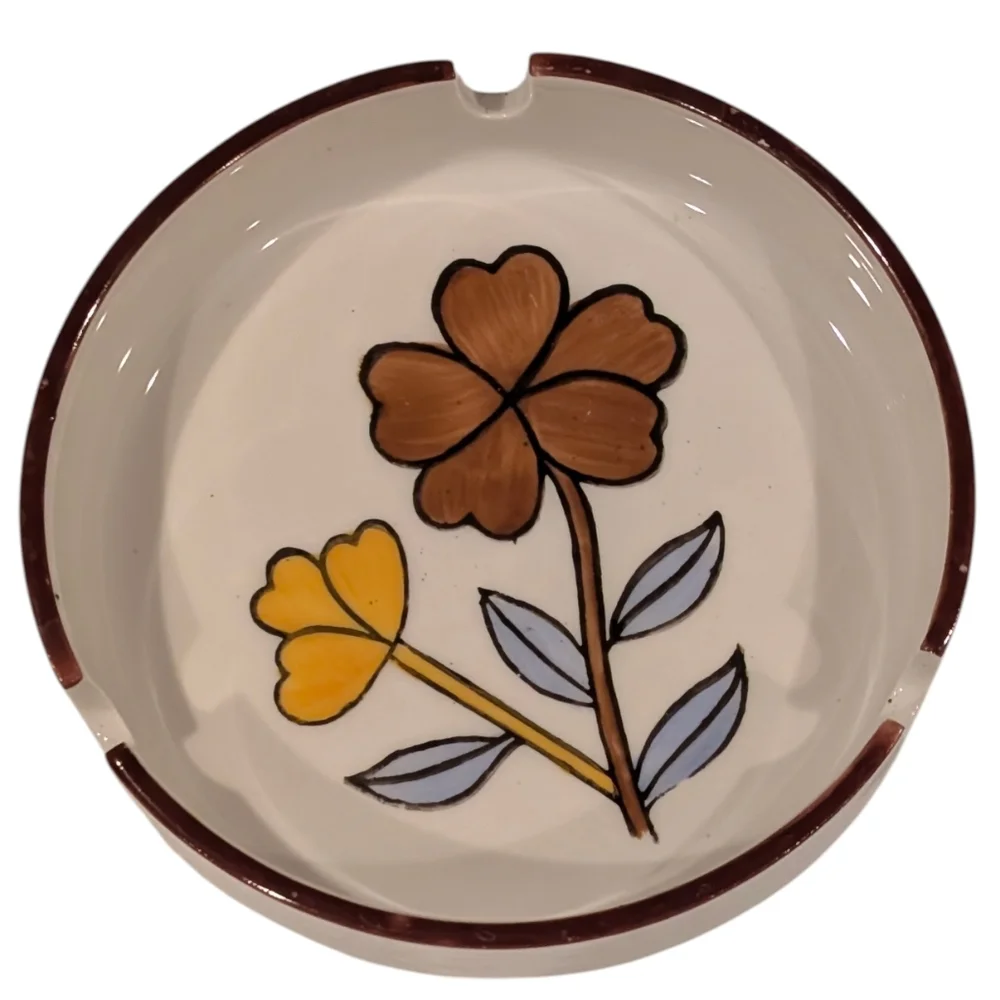 Vintage MCM hand painted flower power stoneware ashtray. 5